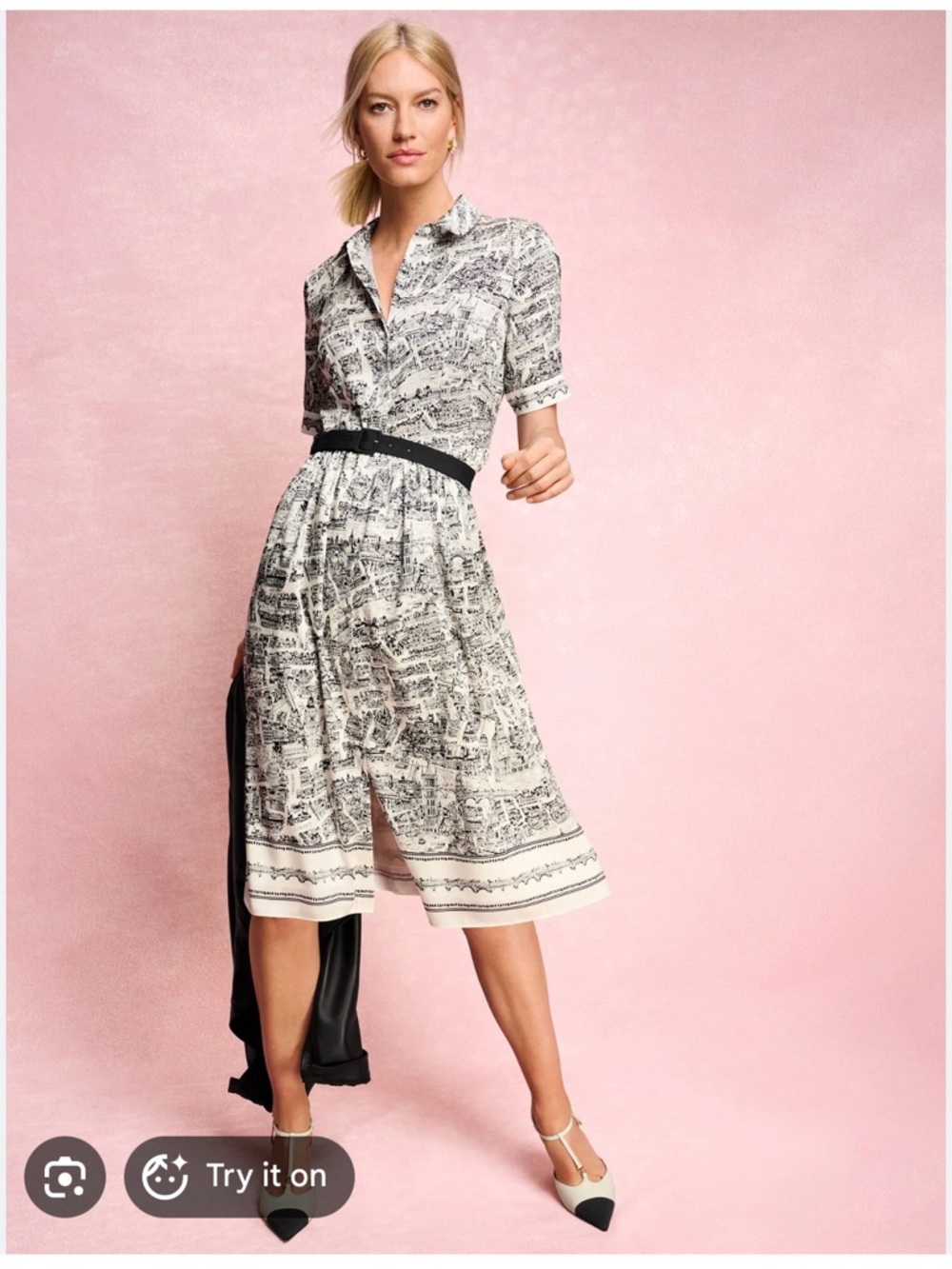 Talbots Shirt-Waist Midi Dress in Black & White Print
